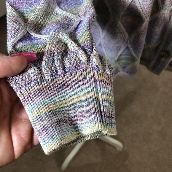 Vintage 70s Pastel Cardigan M Diamond Argyle Button Front Grandma - Picture 6 of 12